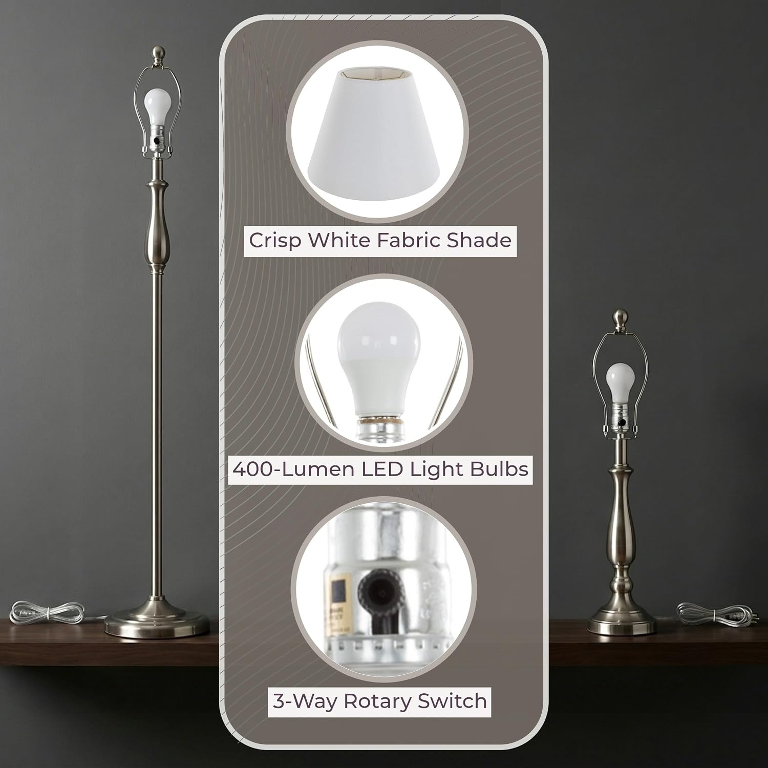 image:imageLavish Home 3Piece Home Lighting Set Coordinating Bundle with 2 Table Lamps and 1 Floor Lamp for Home and Office Decor SilverWhite and Brushed Steel