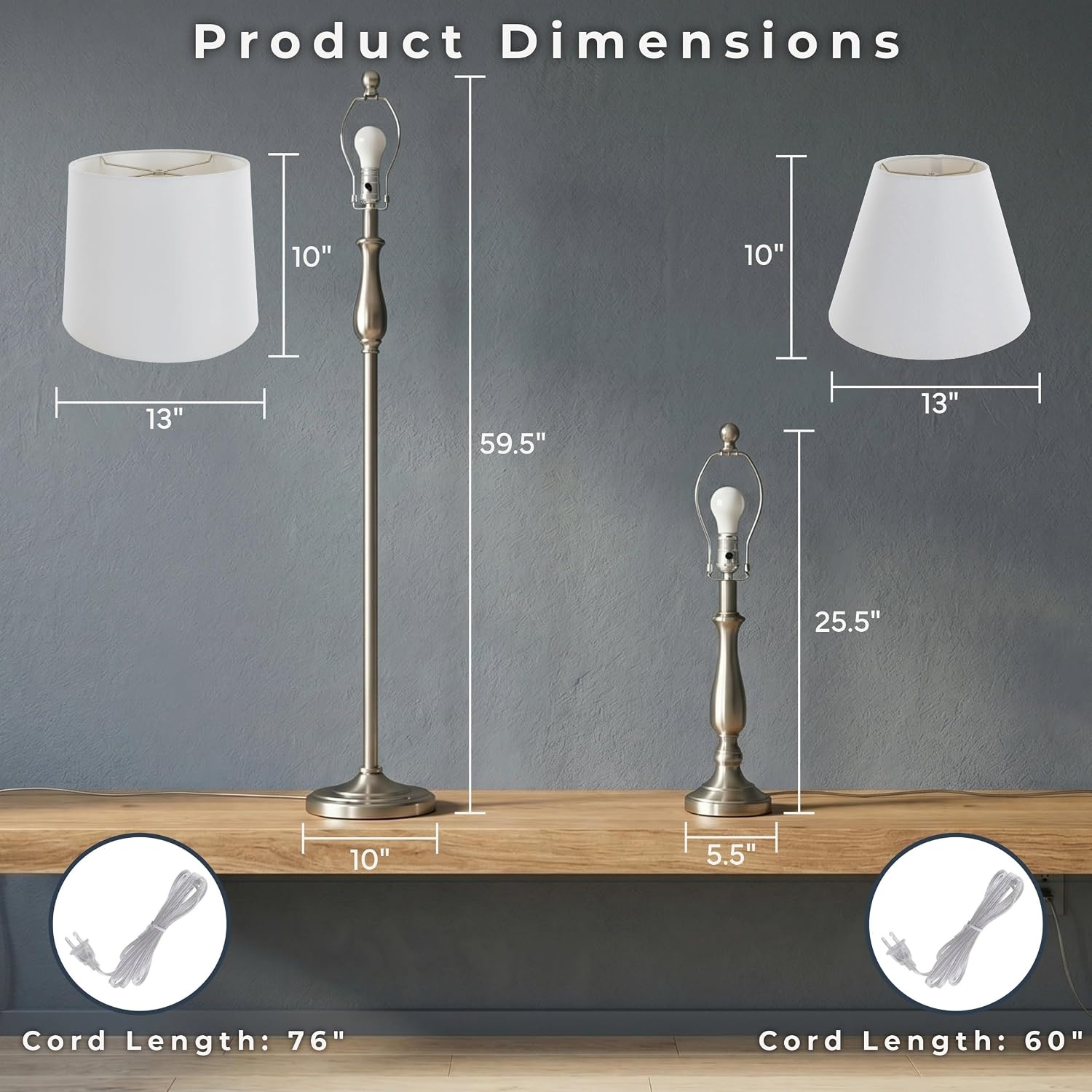 image:imageLavish Home 3Piece Home Lighting Set Coordinating Bundle with 2 Table Lamps and 1 Floor Lamp for Home and Office Decor SilverWhite and Brushed Steel