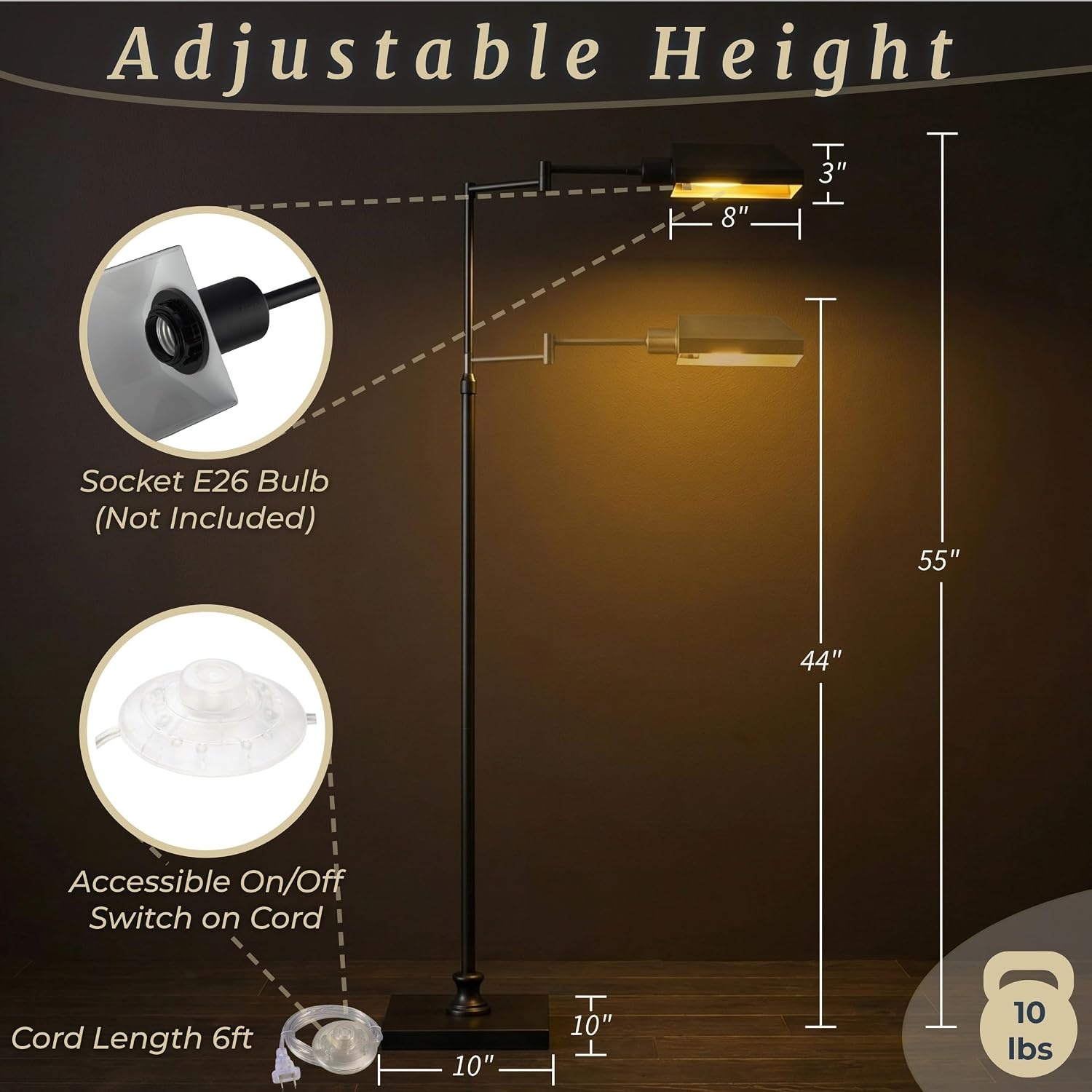 image:imageLavish Home Adjustable Floor Lamp for Bedroom and Living Room Decor Pharmacy Floor Lamp with Adjustable Heights 360 Degree Swing Arm and Stable Base Task Light for Reading and Crafts BlackBlack