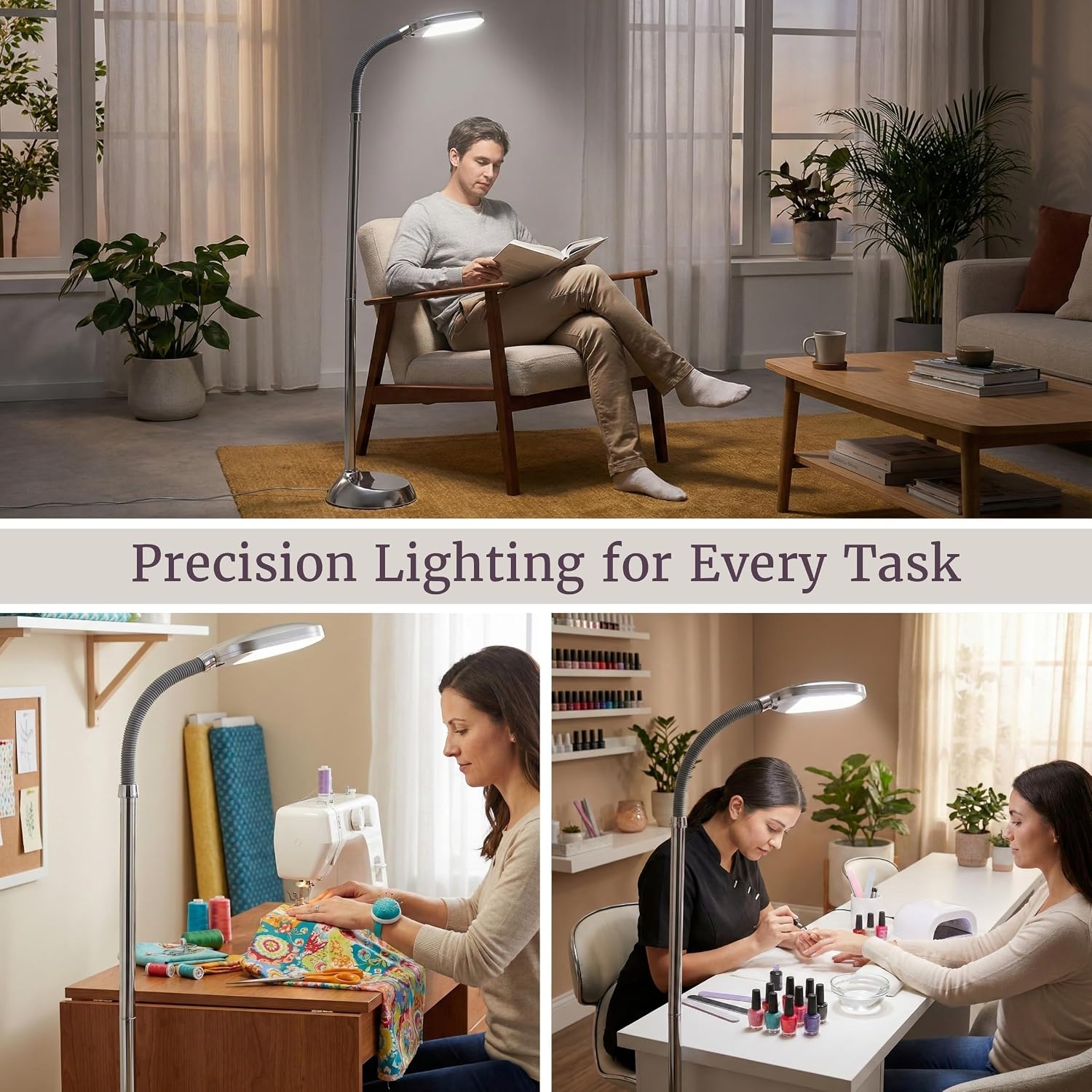 image:imageLavish Home Floor Lamp Full Spectrum Natural Sunlight Lamp with Bendable Neck Reading Craft Studying and Esthetician Light ChromeChrome