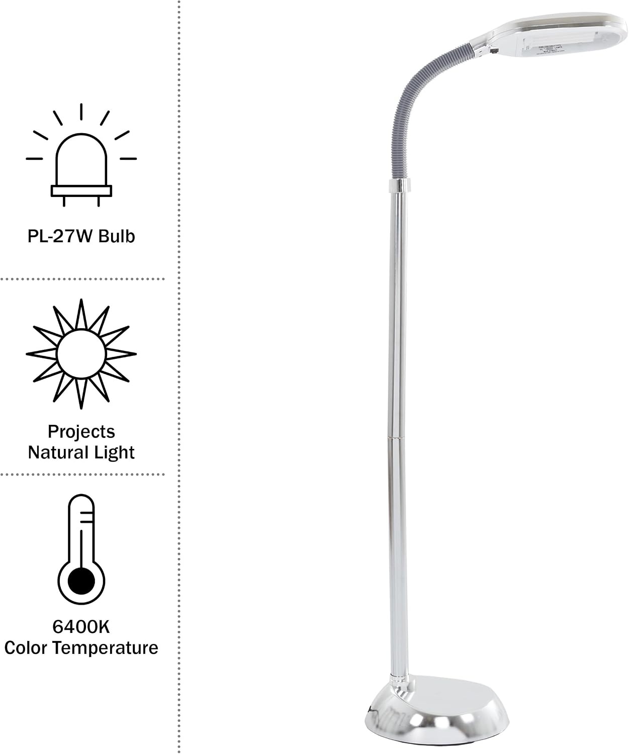 image:imageLavish Home Floor Lamp Full Spectrum Natural Sunlight Lamp with Bendable Neck Reading Craft Studying and Esthetician Light ChromeChrome
