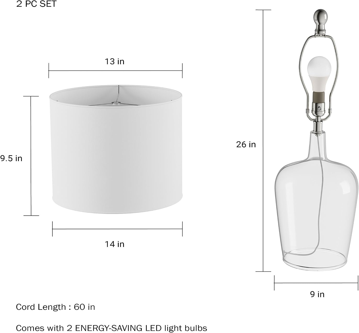 image:imageLavish Home Glass Cloche Table Lamps ClearIvory Set of 2 14 x 26