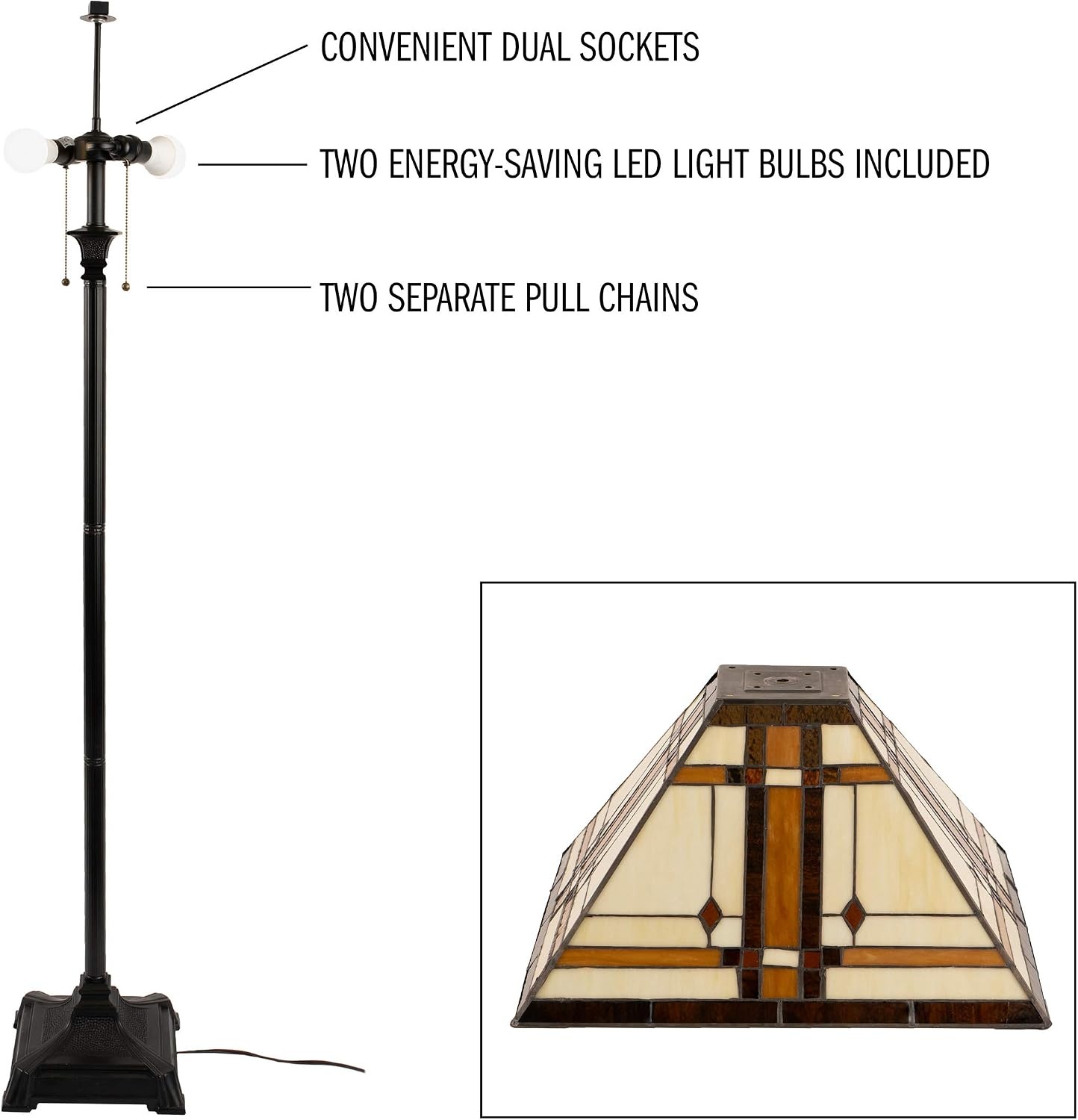 image:imageLavish Home Tiffany Style Floor Lamp Mission Design Standing Light with Art Glass Lampshade and 2 LED Bulbs Vintage Look Accent Decor