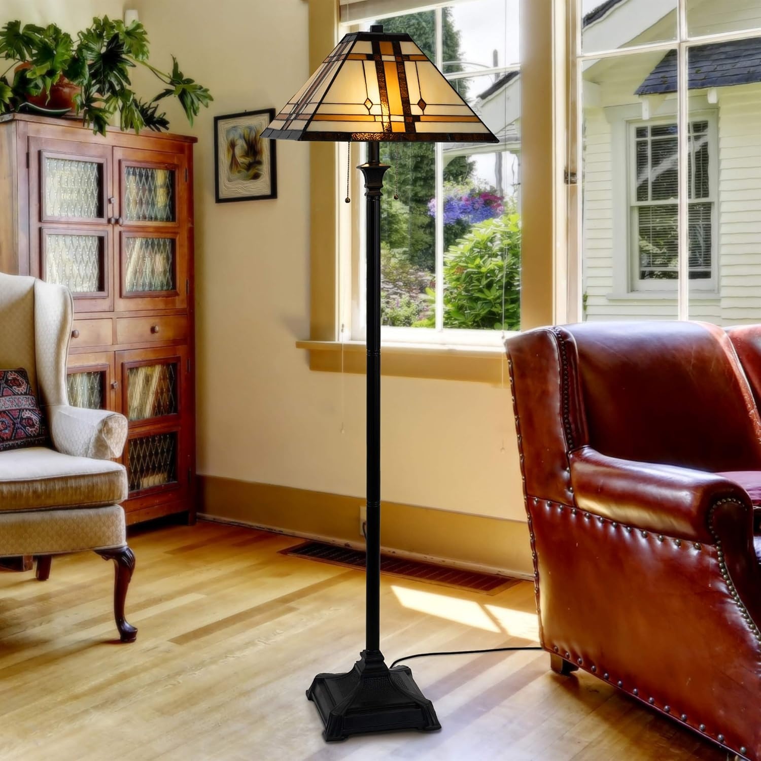 image:imageLavish Home Tiffany Style Floor Lamp Mission Design Standing Light with Art Glass Lampshade and 2 LED Bulbs Vintage Look Accent Decor