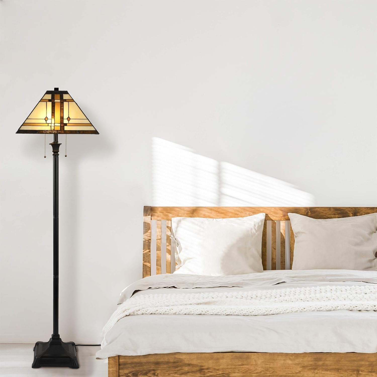image:imageLavish Home Tiffany Style Floor Lamp Mission Design Standing Light with Art Glass Lampshade and 2 LED Bulbs Vintage Look Accent Decor