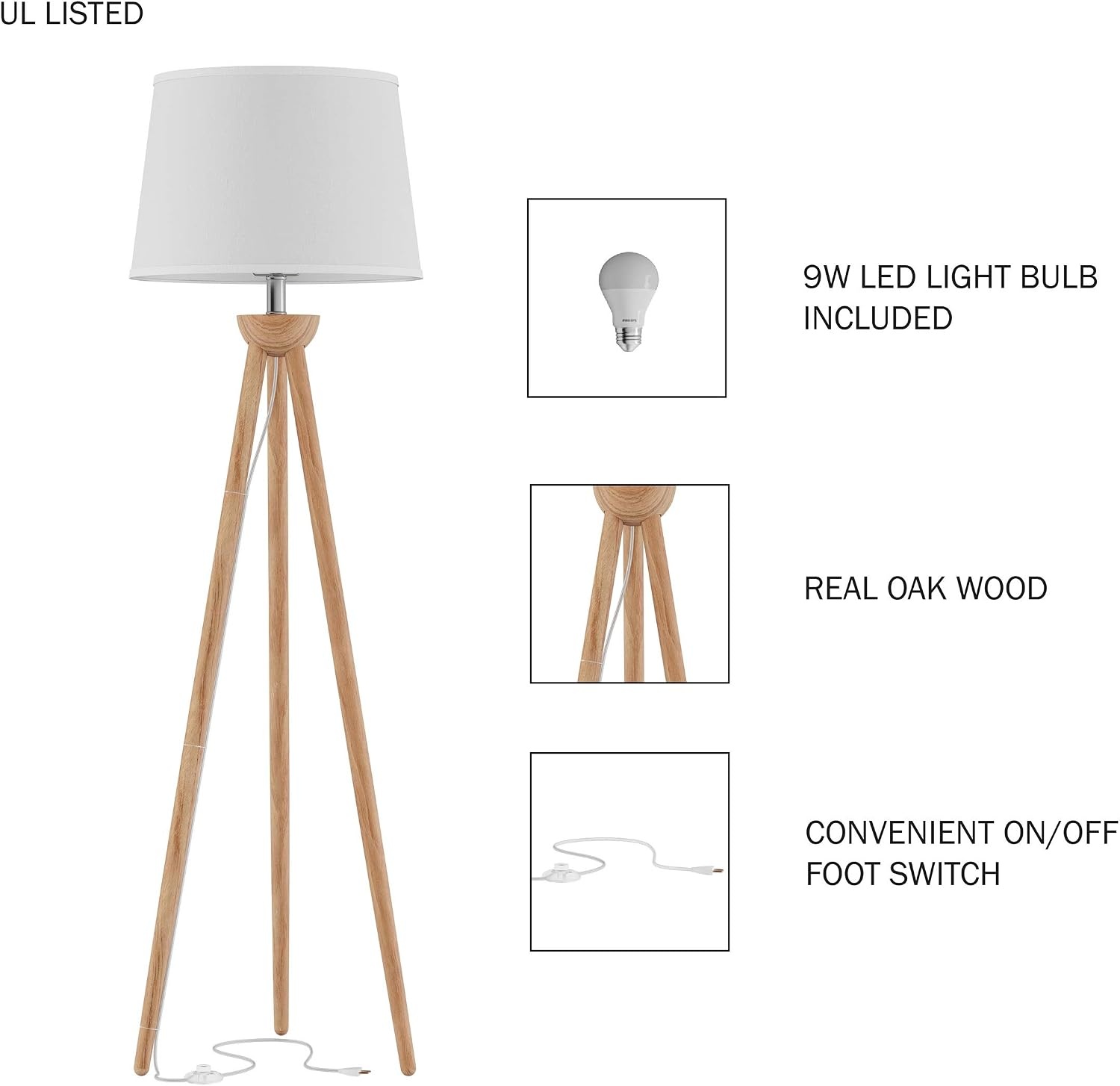 image:imageLavish Home Tripod Floor LampModern Light with LED Bulb IncludedNatural Oak Wood with White Shade for Bedroom Living Room or Home Office