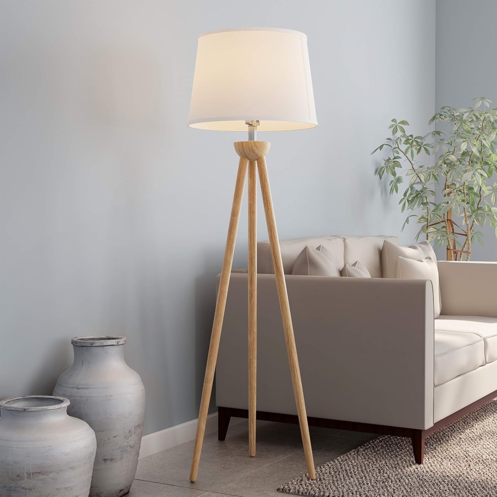 image:imageLavish Home Tripod Floor LampModern Light with LED Bulb IncludedNatural Oak Wood with White Shade for Bedroom Living Room or Home Office
