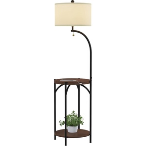 Floor Lamp with End Table – Modern Rustic Side Shelves with USB Charging Port, LED Light Bulb, and Drum-Shaped Shade – Standing Lights by Lavish Home (with Bulb)