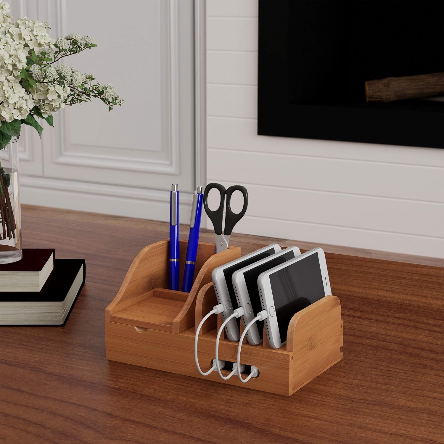 image:imageCharging Station EcoFriendly Compact Modern Bamboo Multiple Electronic Device Cord Management Dock for Tablet Phone Smartwatch by Lavish Home