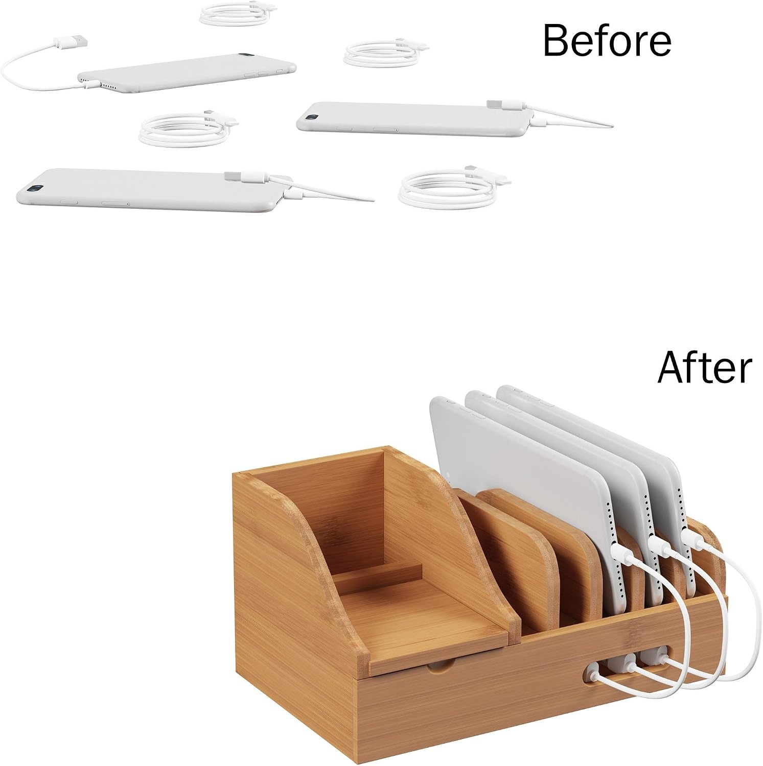 image:imageCharging Station EcoFriendly Compact Modern Bamboo Multiple Electronic Device Cord Management Dock for Tablet Phone Smartwatch by Lavish Home