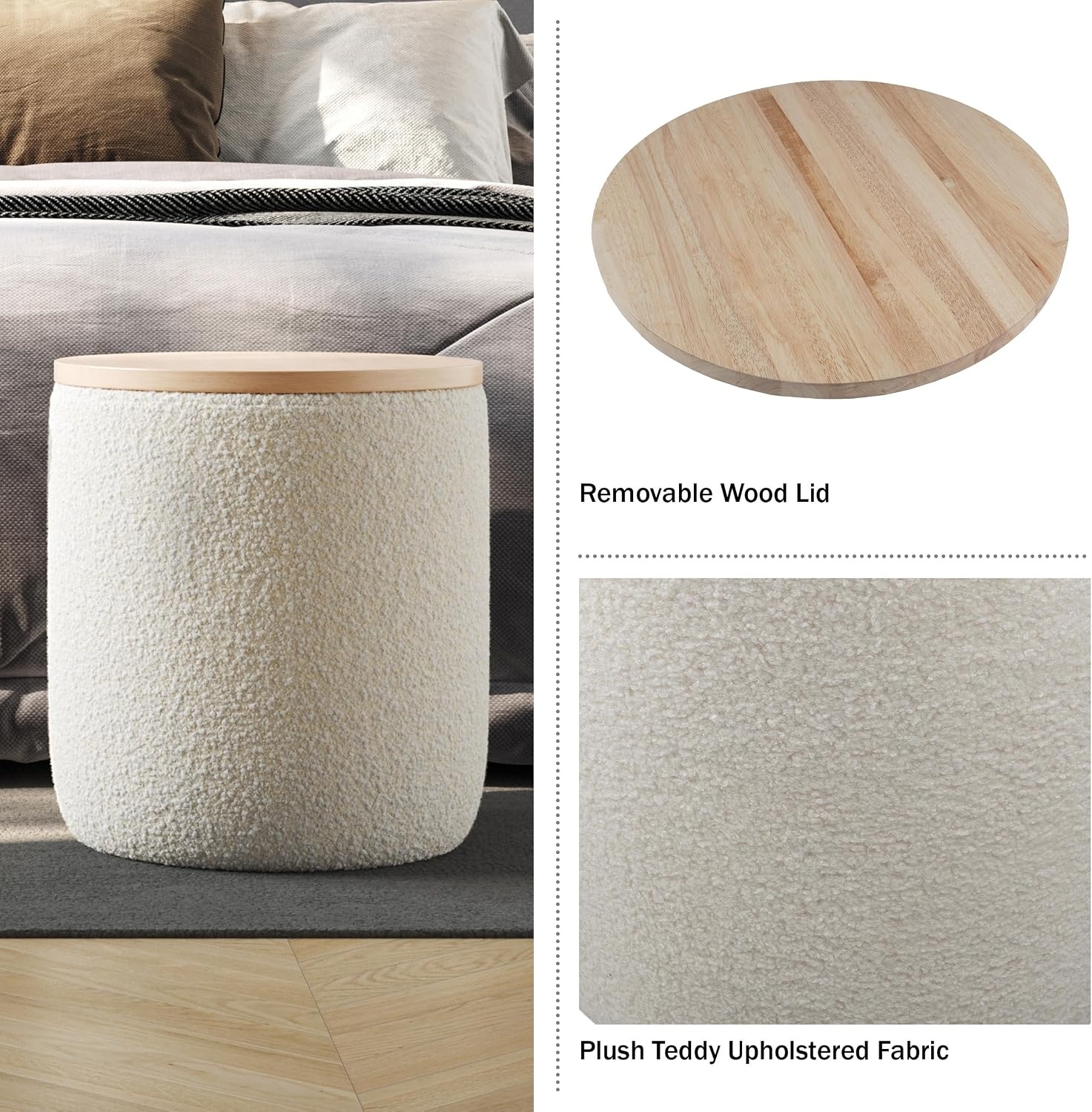 image:imageStorage Ottoman Teddy Fabric Upholstered Ottoman with Wood Top for Living Room Dorm or Apartment Ottomans with Storage by Lavish Home Dark GrayCream