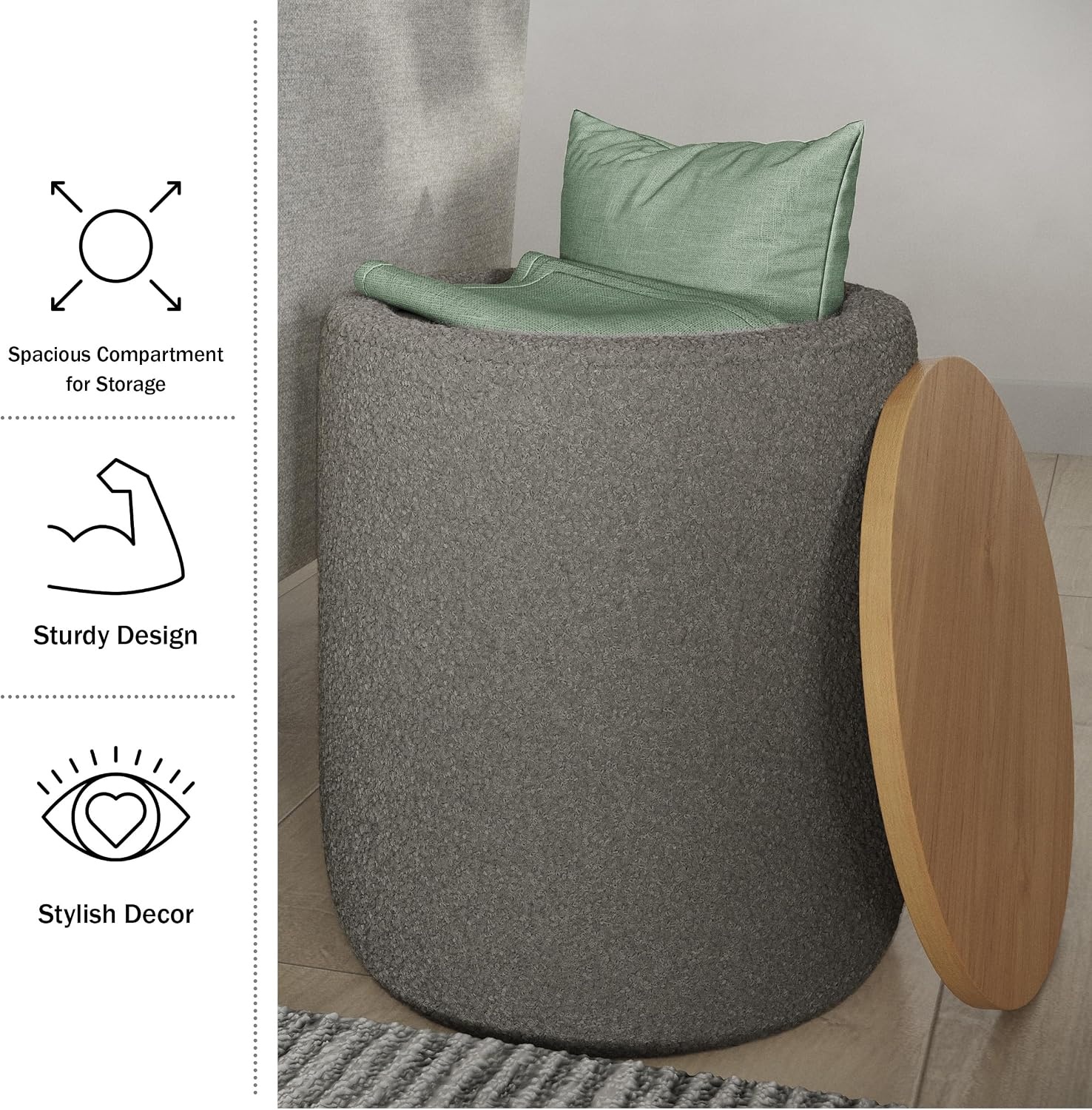 image:imageStorage Ottoman Teddy Fabric Upholstered Ottoman with Wood Top for Living Room Dorm or Apartment Ottomans with Storage by Lavish Home Dark GrayDark Gray