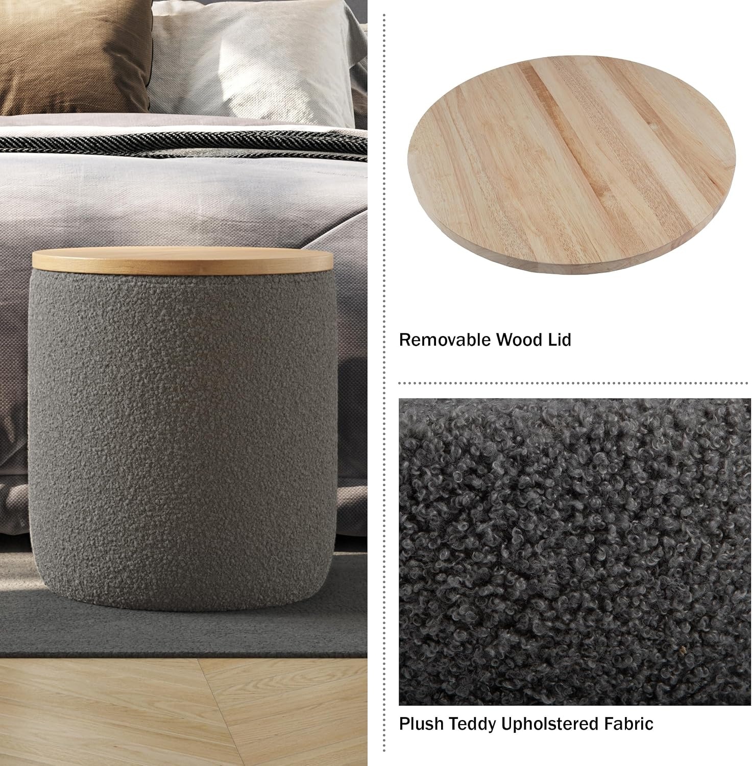 image:imageStorage Ottoman Teddy Fabric Upholstered Ottoman with Wood Top for Living Room Dorm or Apartment Ottomans with Storage by Lavish Home Dark GrayDark Gray