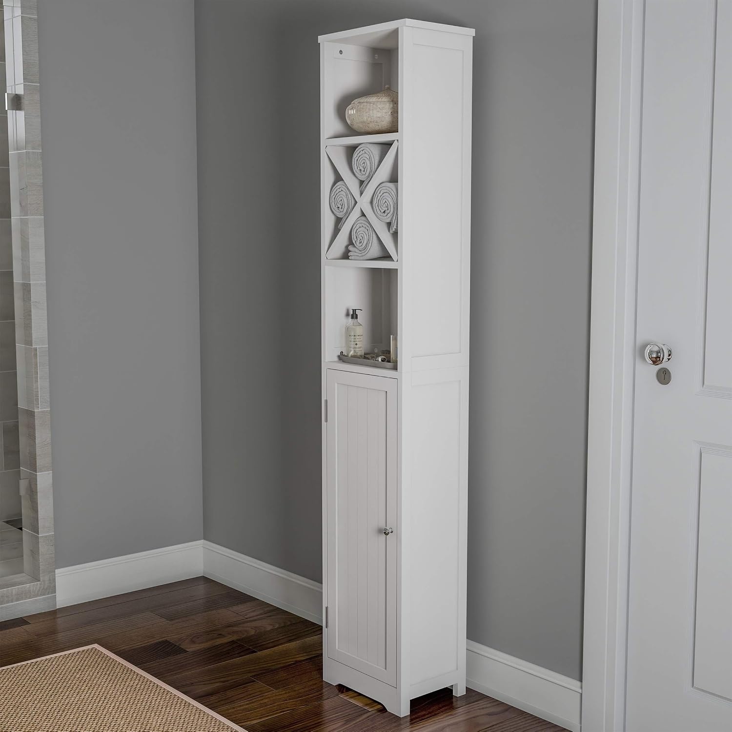 image:imageLinen Tower 67InchTall Bathroom or Laundry Room Storage Cabinet with Adjustable Shelf and Cubbyhole Divider for Towels by Lavish Home White