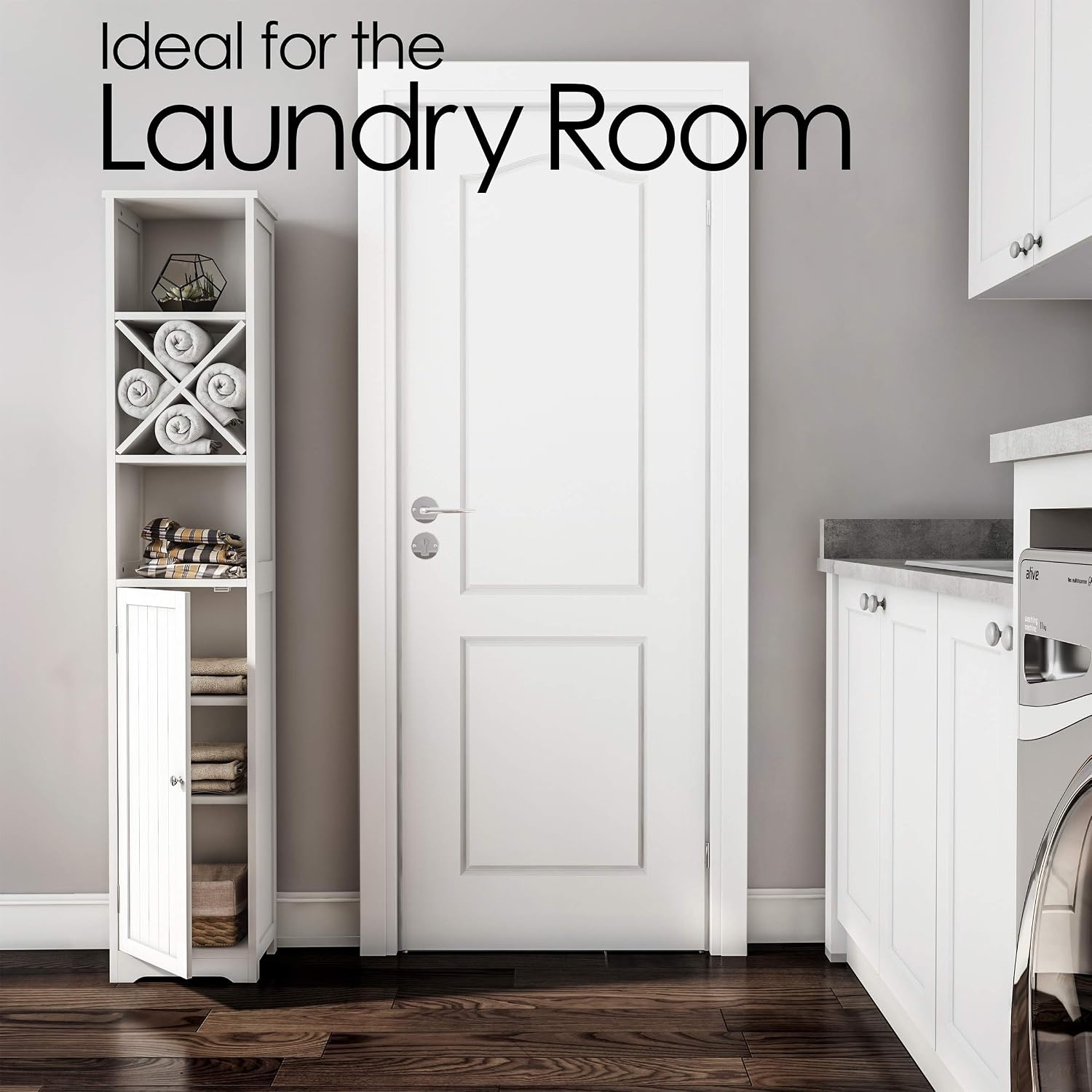 image:imageLinen Tower 67InchTall Bathroom or Laundry Room Storage Cabinet with Adjustable Shelf and Cubbyhole Divider for Towels by Lavish Home White
