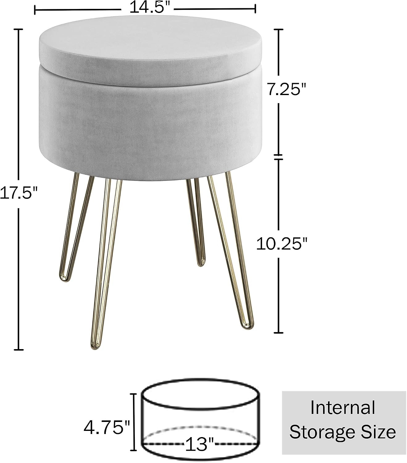 image:imageLavish Home Storage Ottoman Velvet Footrest Side Table or Organizer with Removable Flip Top Hard Lid and Hairpin Legs for Living Room Gray and Gold