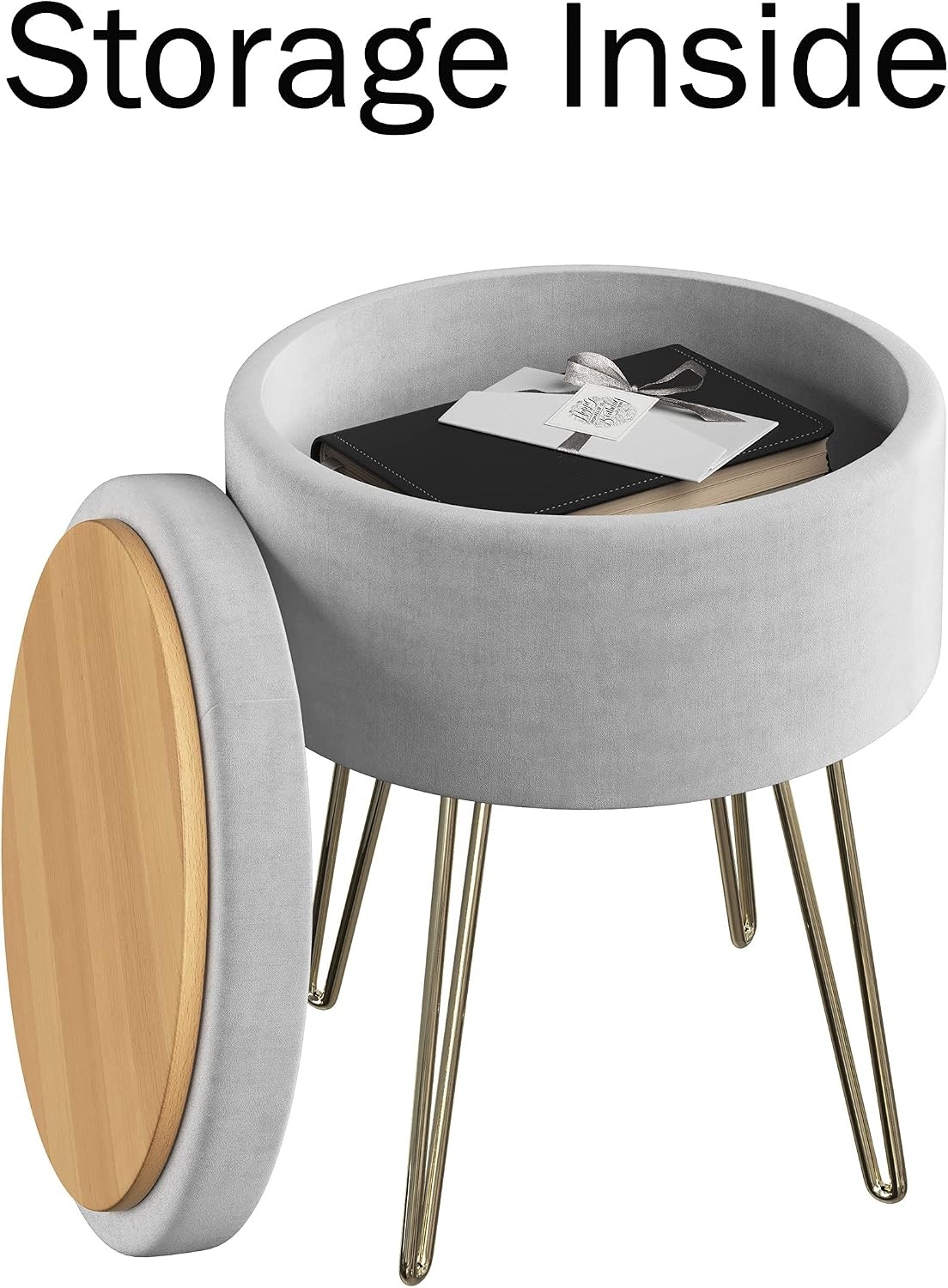 image:imageLavish Home Storage Ottoman Velvet Footrest Side Table or Organizer with Removable Flip Top Hard Lid and Hairpin Legs for Living Room Gray and Gold