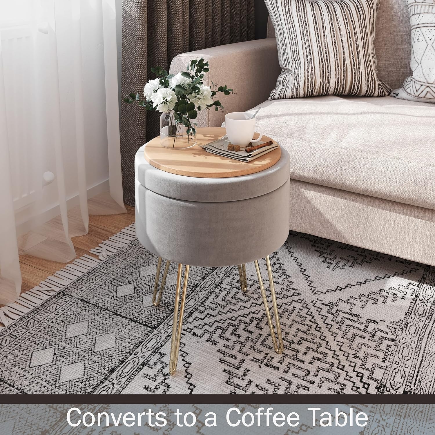 image:imageLavish Home Storage Ottoman Velvet Footrest Side Table or Organizer with Removable Flip Top Hard Lid and Hairpin Legs for Living Room Gray and Gold