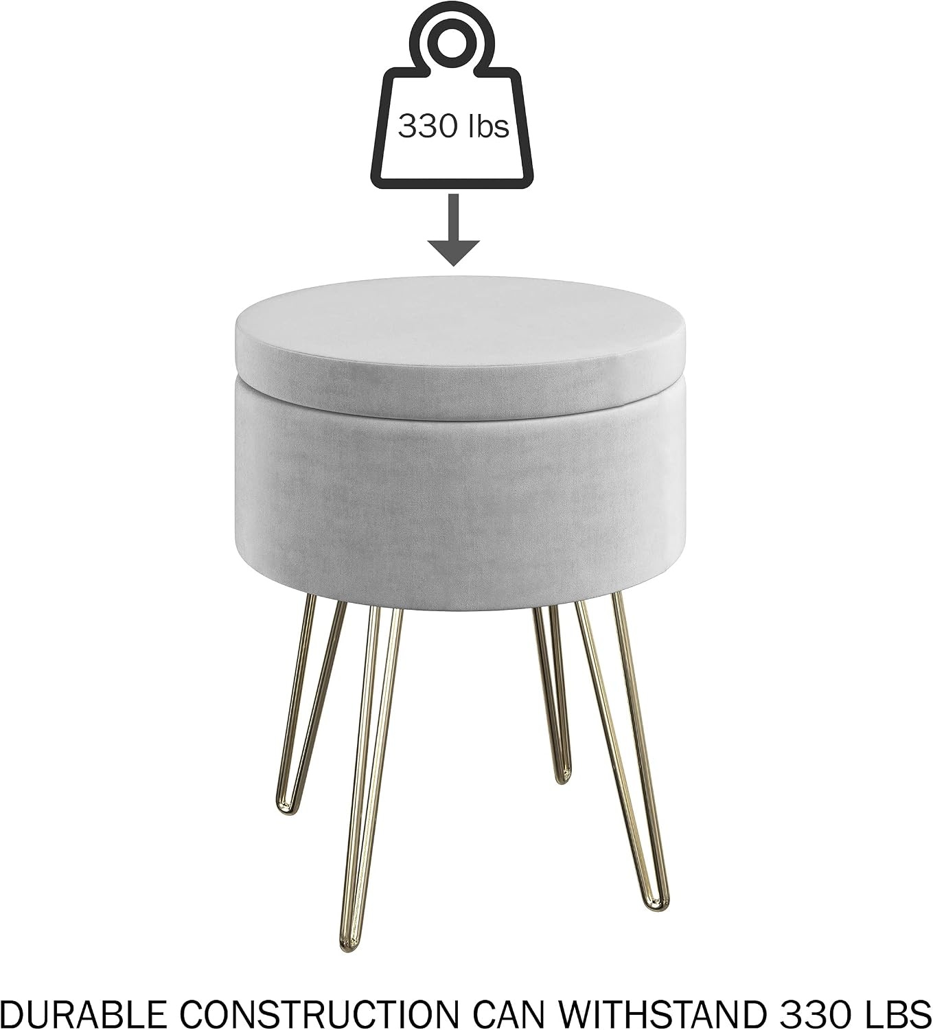image:imageLavish Home Storage Ottoman Velvet Footrest Side Table or Organizer with Removable Flip Top Hard Lid and Hairpin Legs for Living Room Gray and Gold