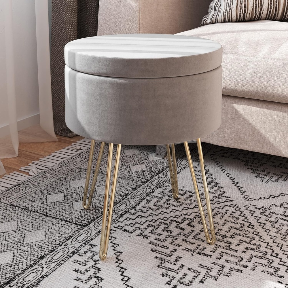 image:imageLavish Home Storage Ottoman Velvet Footrest Side Table or Organizer with Removable Flip Top Hard Lid and Hairpin Legs for Living Room Gray and Gold