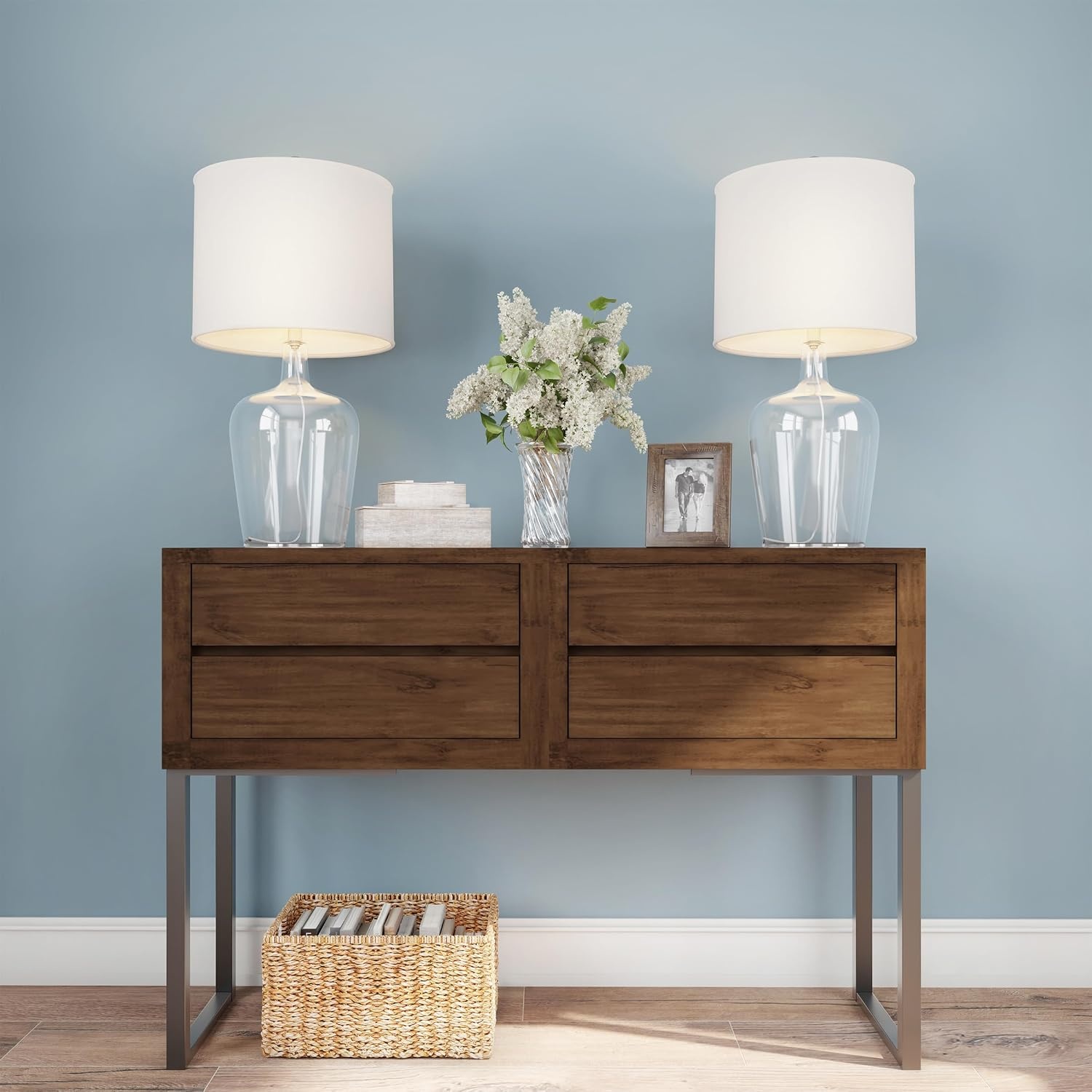 image:imageSet of 2 Table Lamps Glass Lamp Set with Open Bases LED Bulbs and Shades Decorative Lamps for Coastal or Nautical Decor by Lavish Home BlueClear Glass and Ivory Set of 2